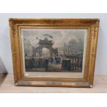 LARGE GILT FRAMED LITHOGRAPH 96CM X 80CM THE LANDING OF HER MAJESTY QUEEN VICTORIA AT ABERDEEN