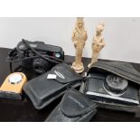 ASSORTED CAMERAS AND MINI CLOCK PLUS 2 ALABASTER DUST FIGURINES