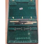 ANTIQUE CUTLERY CASE FOR 6 PLACE SETTING EMPTY EXCEPT FOR 2 SILVER PLATED KNIFE RESTS AND STEEL