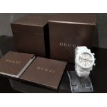 MENS GUCCI G-CHRONO CHRONOGRAPH WHITE CERAMIC WRISTWATCH, WITH ORIGINAL BOX IN WORKING ORDER