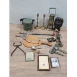 BOX LOT OF MISC INC JOKARI BATS BRASS CANDLESTICKS MUSICAL MINERS LAMP DECANTER SWORD OPERA