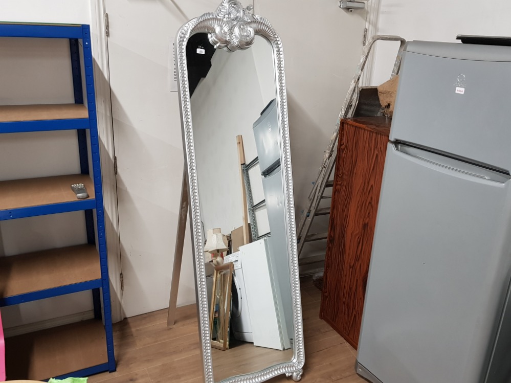 LARGE CHEVAL MIRROR WITH SILVER SCROLL FRAME 48CM X 174CM