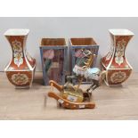 WESTLAND DESIGNS MUSICAL ROCKING HORSE ORNAMENT TOGETHER WITH A PAIR OF MACKINTOSH GLASS VASES AND 2