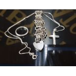 A SILVER GATE LINK BRACELET WITH HEART SHAPED CLASP HALLMARKED A SILVER CRUCIFIX AND CHAIN STAMPED