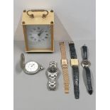 4 ASSORTED WRISTWATCHES TOGETHER WITH BRAILLE POCKET WATCH SAS AND BRASS QUARTZ LOUJFREY CLOCK