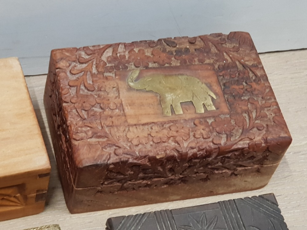 6 VINTAGE WOODEN BOXES, 3 WITH BRASS ELEPHANT DESIGN PLUS CARVED ETC - Image 3 of 3