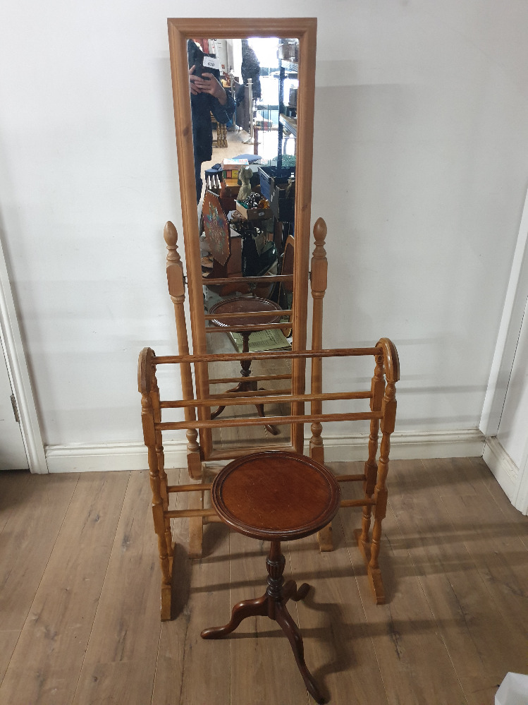 PINE CHEVAL MIRROR TOGETHER WITH A PINE TOWEL RACK AND A MAHOGANY OCCASIONAL TABLE