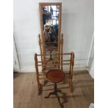 PINE CHEVAL MIRROR TOGETHER WITH A PINE TOWEL RACK AND A MAHOGANY OCCASIONAL TABLE