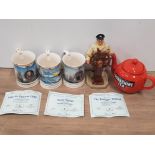 3 WEDGWOOD TANKARDS WITH CERTIFICATES OF AUTHENTICITY TOGETHER WITH THE HELMSMAN ROYAL DOULTON