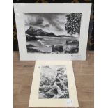 A CHARCOAL DRAWING TITLED EVENING IN THE LAKES SIGNED BY J D PARRACK TOGETHER WITH ANOTHER