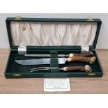 A BOXED 3 PIECE CARVING SET MANUFACTURED AND FITTED WITH GENUINE STAG HANDLES MADE BY COOPER BROS