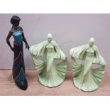 A PAIR OF GREEN ART FIGURES TOGETHER WITH ART NOUVEAU STYLE FIGURE