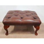 LEATHER STUD AND BUTTONED FOOTSTOOL WITH MAHOGANY FEET 30CM BY 57CM