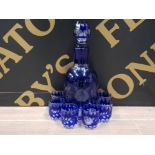 BLUE BOHEMIAN COBALT CUT TO CLEAR GLASS DECANTER WITH STOPPER PLUS 6 MATCHING PORT GLASSES