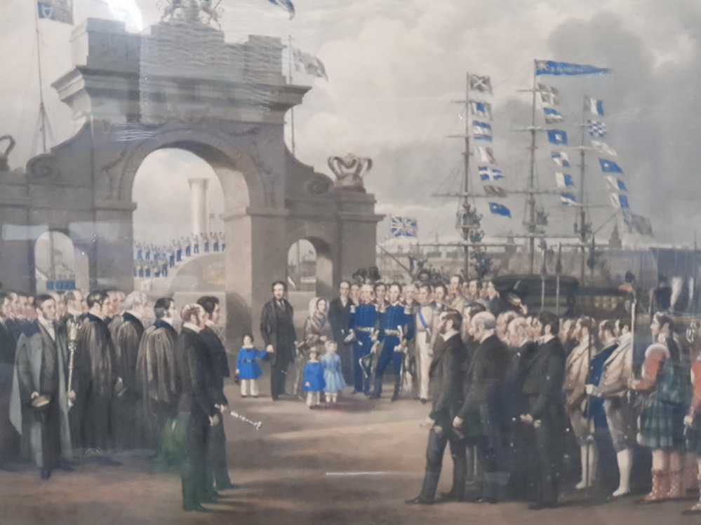 LARGE GILT FRAMED LITHOGRAPH 96CM X 80CM THE LANDING OF HER MAJESTY QUEEN VICTORIA AT ABERDEEN - Image 2 of 2