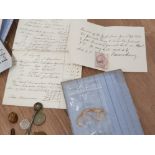 SMALL BOX OF EPHEMERA INCLUDING LOCAL RECEIPTS LETTERS AND SUNDRIES AND SMALL YELLOW METAL BRACELET