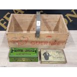 ISLE O SUN GUERNSEY VINTAGE TOMATO BOX TOGETHER WITH 2 VINTAGE CIGARETTE TINS INC KENSITAS AND THE