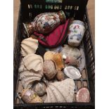 A CRATE CONTAINING A LARGE QUANTITY OF SEA SHELLS AND CHINESE VASES ALABASTER FISH ETC