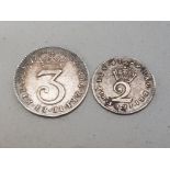 MAUNDY ODDMENTS 1762 THREEPENCE AND 1729 TWOPENCE COIN ABOUT EF AND GVF