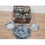 A BOX CONTAINING A VERY LARGE AMOUNT OF SILVER PLAYED ITEMS SUCH AS ROSE DISHES SALT AND PEPPER