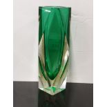 MURANO ICE CUT ART GLASS SOMMERSO GREEN MANDRUZZATO HEAVY FACETED 155MM VASE
