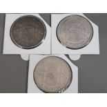 3 SILVER SPAIN COINS, SILVER 5 PESETAS, DATED 1883, 1888 AND 1891 IN GOOD CONDITION