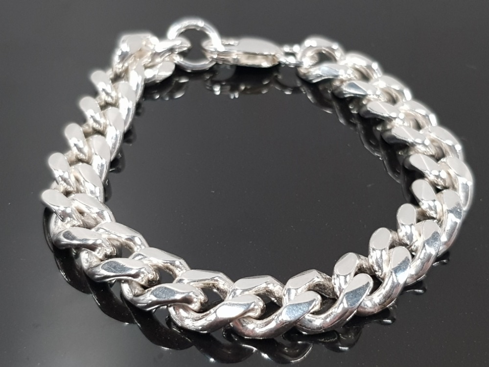 SILVER GENTS HEAVY ROUND CURB BRACELET 42.6G