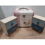 A DECORATIVE BOX TOGETHER WITH A PAIR OF MATCHING MINATURE DRAWERS