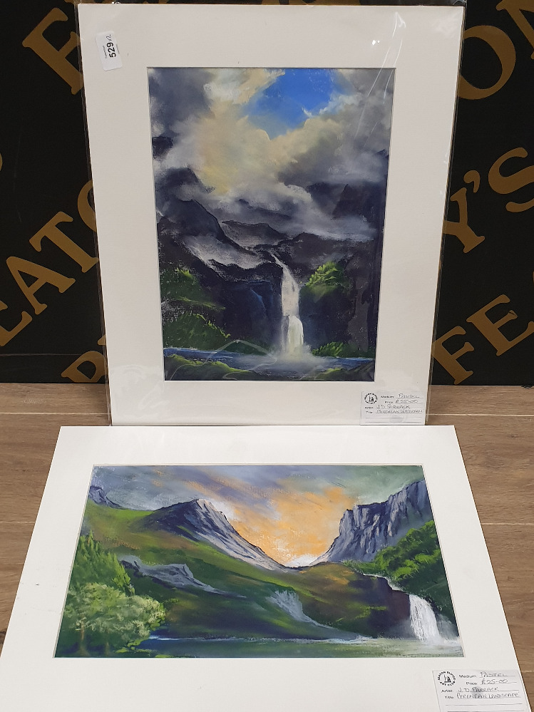 A PASTEL DRAWING TITLED PYRENEAN WATERFALL SIGNED BY J D PARRACK TOGETHER WITH ANOTHER PASTEL