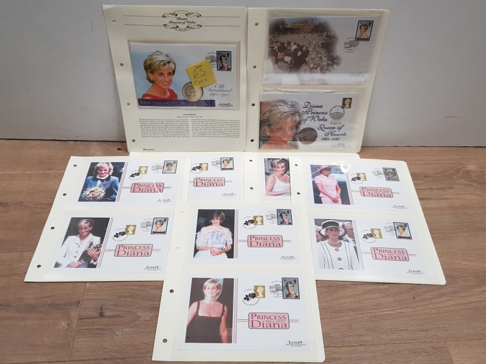 13 COMMEMORATIVE FIRST DAY COVERS INCLUDING UNCIRCULATED LADY DIANA 5 POUND COIN