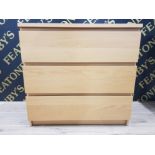 A WOOD LAMINATE CHEST OF THREE LONG DRAWERS 80.5 X 77.5 X 48.5CM