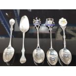 A PAIR OF GEORGIAN SILVER COFFEE SPOONS MAKERS MARK MH AND THREE SILVER AND ENAMEL SPOONS 63.8G