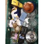 A BOX OF MISC INC RINGTONS MONEY BOXES GLASS WARE ETC