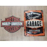 CAST METAL MOTOR CYCLES HARLEY DAVIDSON SIGN TOGETHER WITH A TIN MOTOR CYCLES GARAGE SIGN