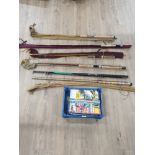 A BUNDLE OF 6 ASSORTED FISHING RODS TOGETHER WITB TRAY OF SEA ANGLER FISHING MAGAZINES