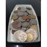 TRAY OF PRE DECIMAL ENGLISH COINS AND SOME EARLY DECIMAL AND FOREIGN COINS