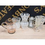 6 MISCELLANEOUS GLASS ITEMS SUCH AS GLASS BASED TANKARD WITH PEWTER LID