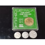 AUSTRALIAN COINAGE INCLUDES THE FIRST ONE DOLLAR COIN MAY 1984 PLUS THREE OTHERS DATED 1910, 1934