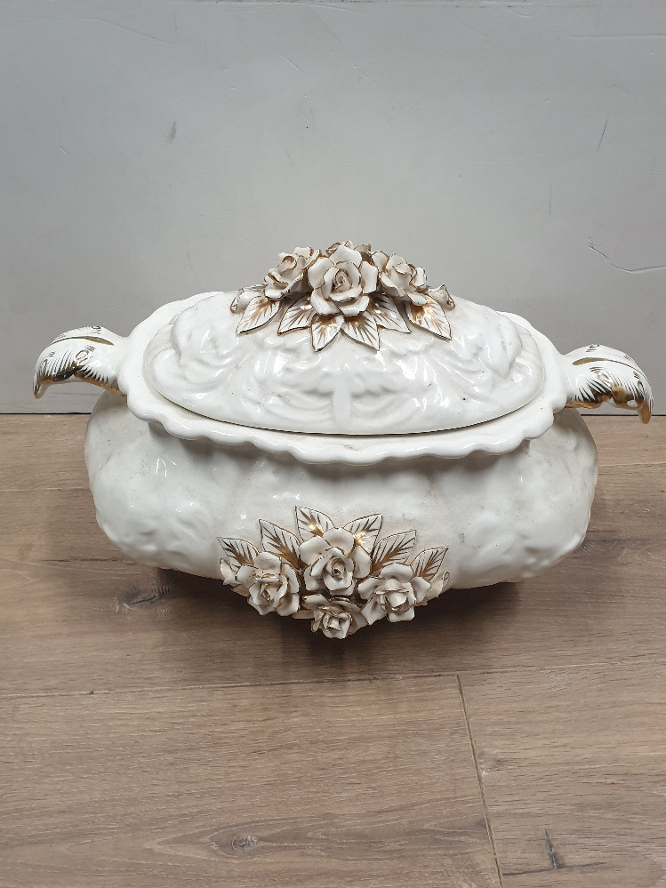 ITALIANATE 2 HANDLED SOUP TUREEN WITH ENCRUSTED FLOWERS