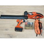 A BLACK AND DECKER 500W ELECTRIC HEDGE TRIMMER AND A BLACK AND DECKER CORDLESS ELECTRIC DRILL