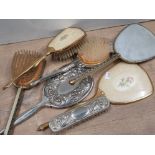 3 PIECE SILVER PLATED MIRROR AND BRUSH SET TOGETHER WITH 2 BRASS PETIT POINT DECORATION PLUS 2