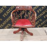 OAK CAPTAINS CHAIR WITH RED LEATHER STUDDED SEAT PAD