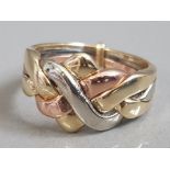 9CT YELLOW, WHITE AND ROSE GOLD PUZZLE RING 5.3G SIZE N
