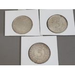 3 SILVER GERMANY 5 DEUSCHE MARK COINS, DATED 1966, 68 AND 69 ALL IN GOOD CONDITION