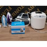 RUSSEL HOBBS BREAD MAKING MACHINE TOGETHER WITH 3 ASSORTED IRONS INC MORPHY RICHARDS BOSCH