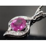 18CT WHITE GOLD RUBY AND DIAMOND PENDANT ON CHAIN 7.4G