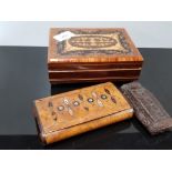 SORRENTO WARE MUSICAL JEWELLERY BOX TOGETHER WITH A LARGE INLAID WOODEN BURL SNUFF BOX PLUS A