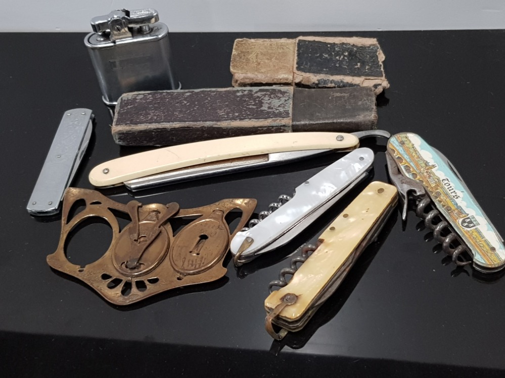 BOX CONTAINING CUT THROAT RAZOR, LIGHTER, BRASS PHOTOGRAPH FRAME AND 4 PENKNIVES