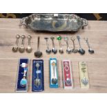 A WHITE METAL TRAY TOGETHER WITH ASSORTMENT OF CRESTED SPOONS