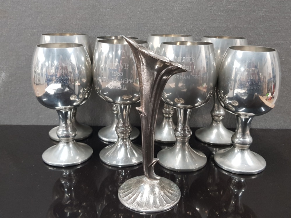 A SET OF 8 PEWTER GOBLETS FOR THE ASSOCIATION OF BRITISH PEWTER CRAFTSMEN ETCHED WITH NAWB AND